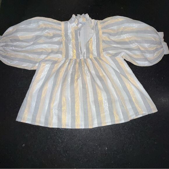 New Never A Wallflower High Neck Huge Puff Sleeves Silver Gold White Lined Sz Xs